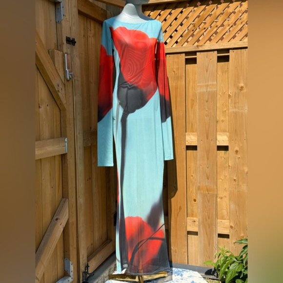 🆕 RAT & BOA 🧿 NWOT Santino Sheer Long Sleeve Dress, Blue with Red Tulip, Sz M - Picture 11 of 16